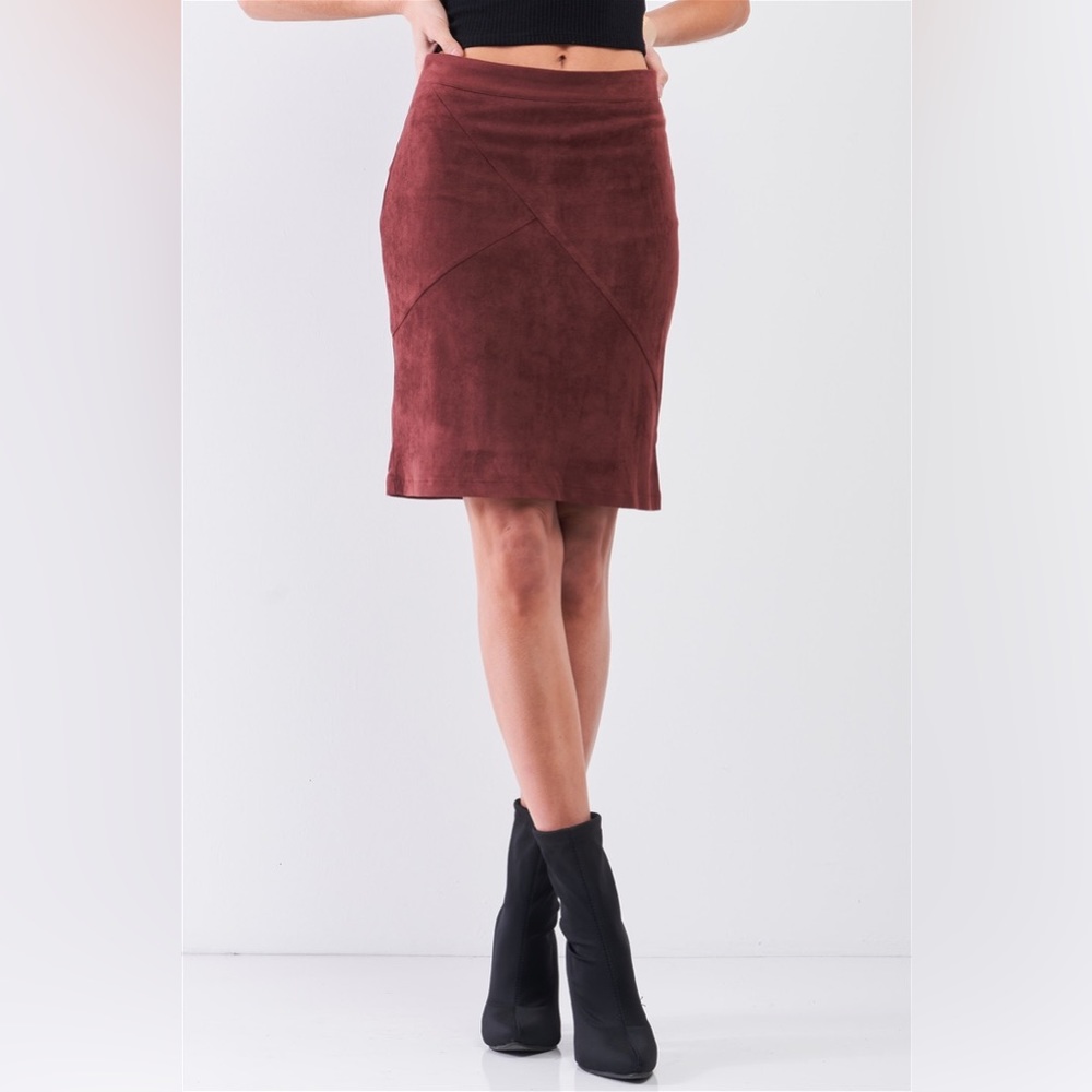 Redwood Faux Suede High-Waisted Asymmetrical Stitch Midi Skirt